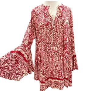 Umgee Boho Paisley Bell Sleeve Blouse Size L Red Tunic Lace Up High Low Hem